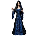 thumbnail image 2 of KICILVS Witch Costume Women Hooded Gothic Robe Corset Waist Bell Sleeve Maxi Length Damask Print Vampire Cloak Outfit Blue, 2 of 5