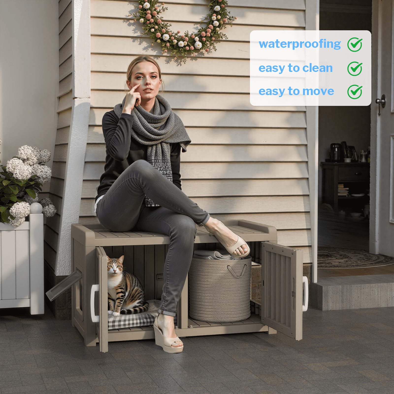 Resin Cat Litter Box Enclosure - Hidden Multi-Functional Furniture with Double Doors, Waterproof UV-Resistant, Spacious Odorless Design for Indoor Outdoor Use