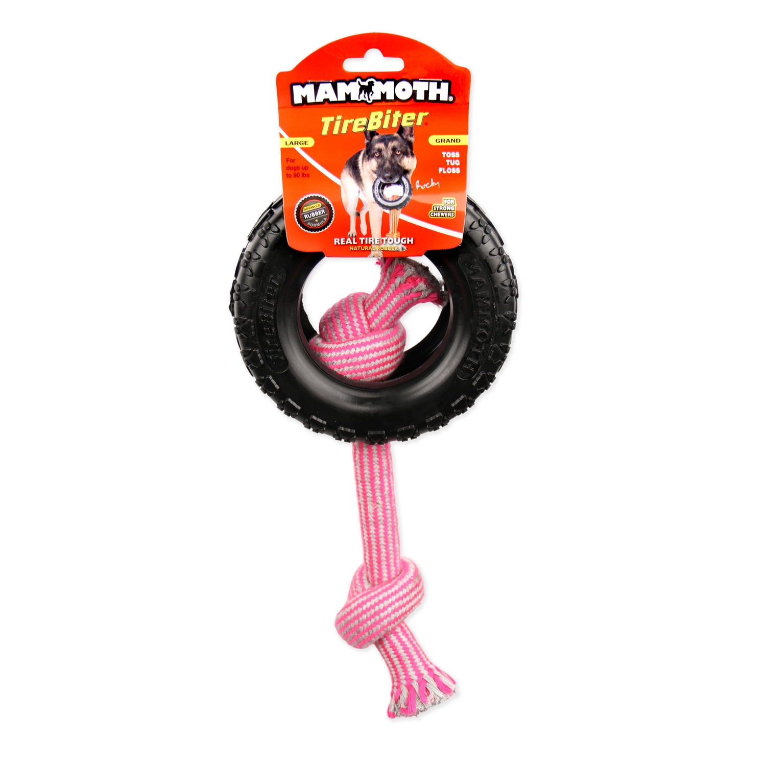 Mammoth TireBiter Advanced Rubber Dog Toy with Cottonblend Assorted Color Rope, Large, 6"