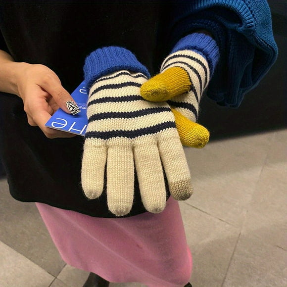 1 paire de gants chauds en laine épaisse, rétro, Super épais, en polaire, avec mitaine en damier rayé
