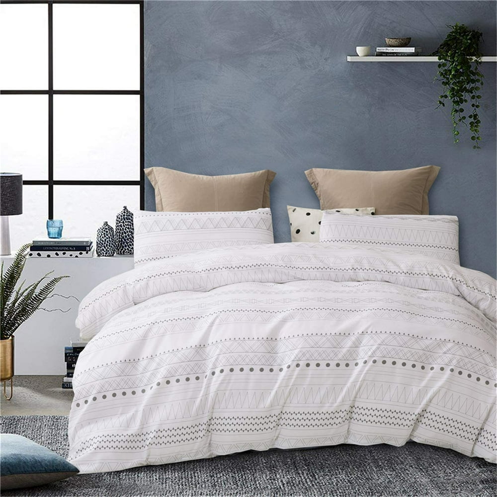 3 Pcs Queen Boho Duvet Cover Queen, Black Geometric Pattern Printed on White Bohemian Comforter