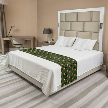 Flamingo Bed Runner, Repetitive Pattern of Exotic Bird and Monstera Leaves, Decorative Accent Bedding Scarf for Hotels Homes and Guestrooms, King, Charcoal Grey Dark Salmon, by Ambesonne