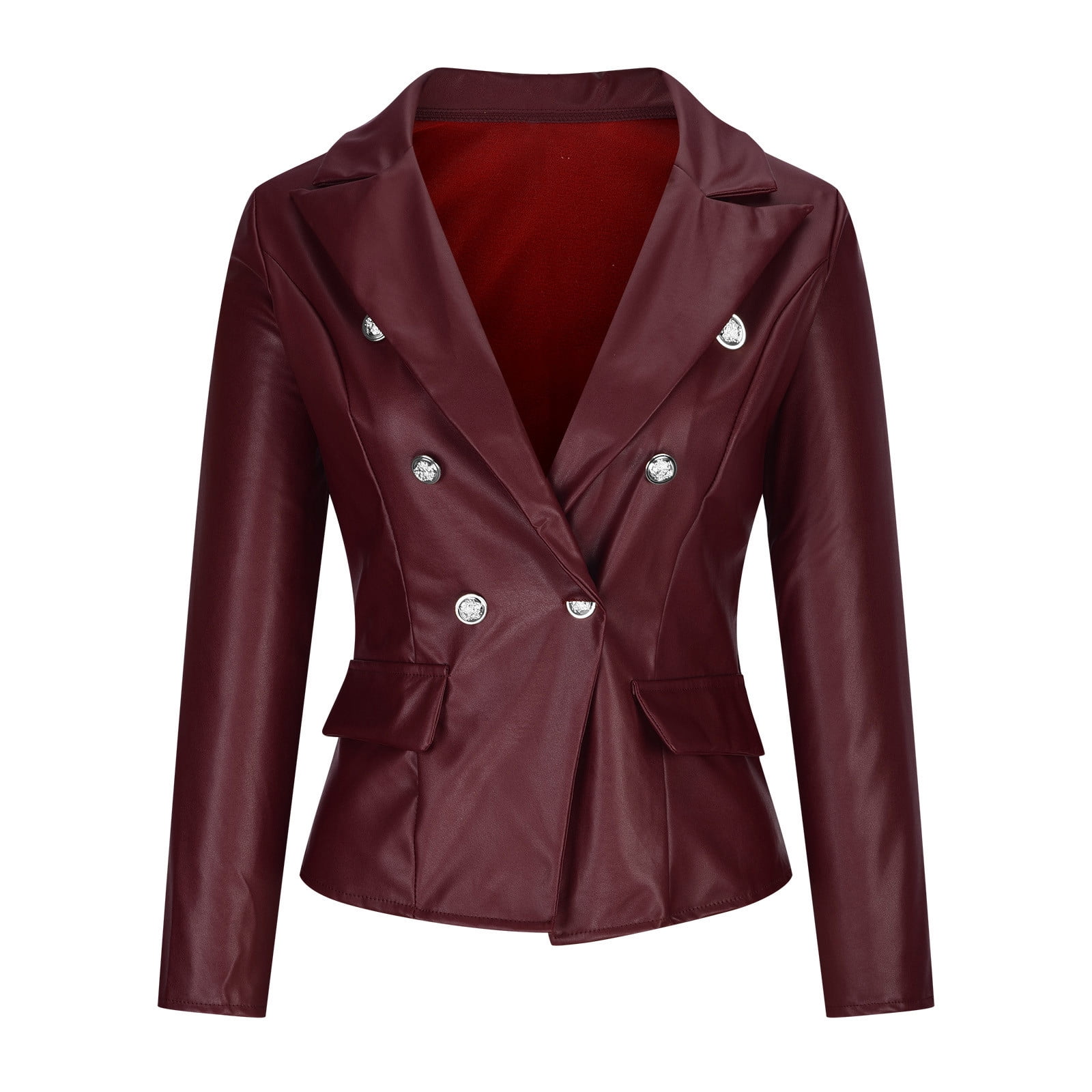 Brnmxoke Double Breasted Buttons Faux Leather Blazer Women Long Sleeve Coat Notch Collar Leather Jacket Women
