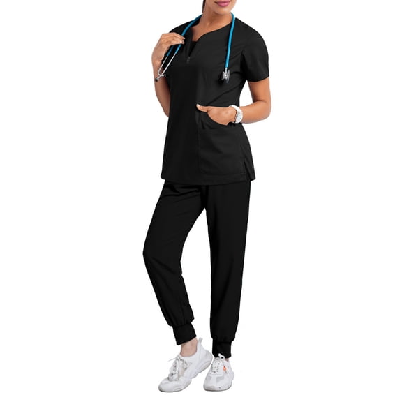 Scrubs For Women Set Zip V Neck With Multi Pockets Top And Jogger Pants Cozy Nurse Uniforms Women Set Black L