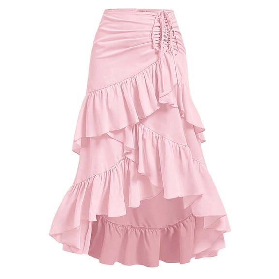 Arlun Women's Ruffled Hem Boho Long Maxi Skirts Fashion Asymmetrical Fit High Waist Drawstring Design A-Line Flare Skirts Fashion Floral Print Layered Skirts for Spring Summer Pink XL