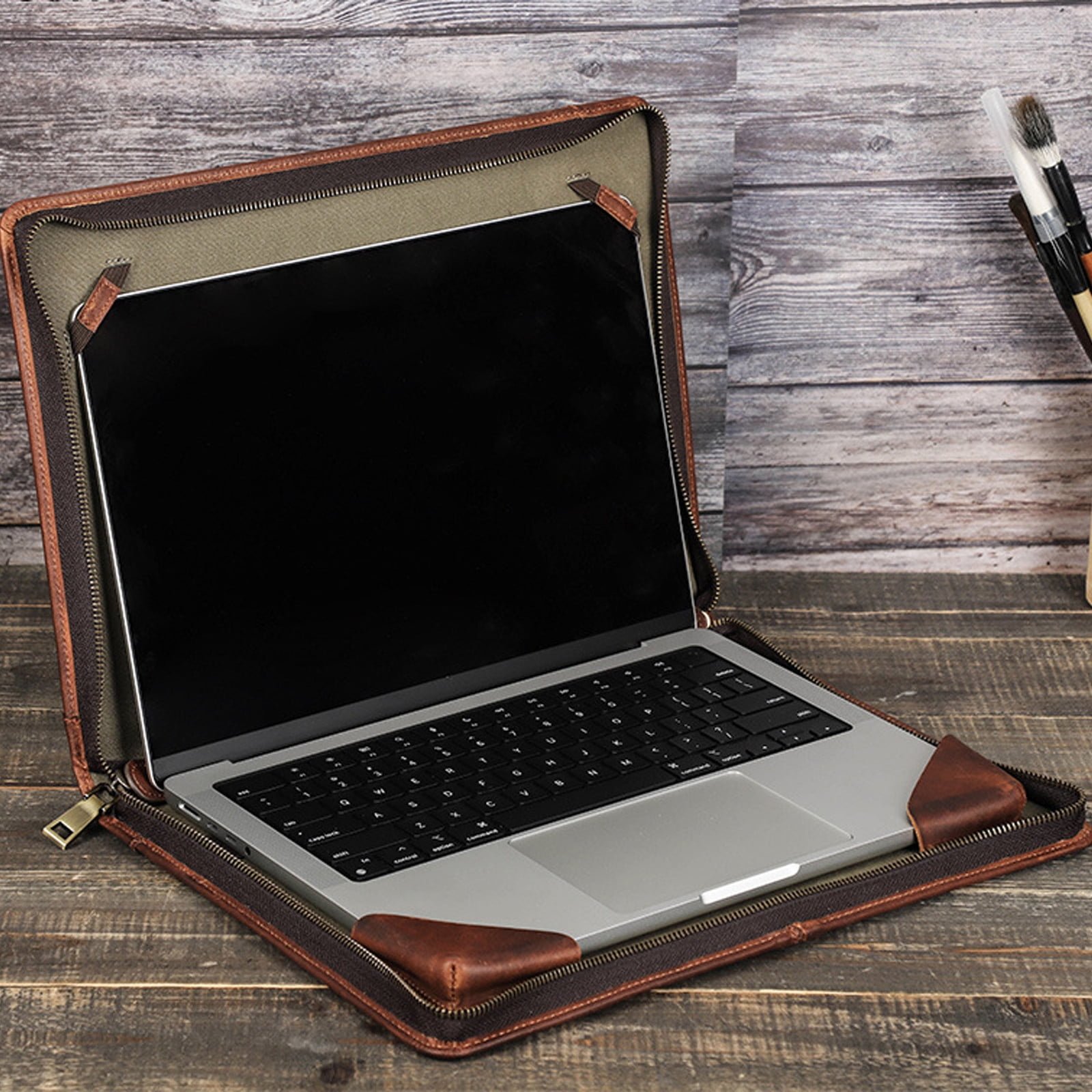 Leather Laptop Bag Folio Case for MacBook Pro 13.3 Inch – Crazy Horse Cowhide with Zipper Closure, Notebook & Pen Holder