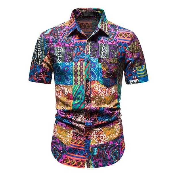Camiseta de Manga Corta de la Moda Casual de los Hombres de la Impresión Del Botón Del Cuello de Vuelta, Top Ligero para Al Aire Libre, Diario Y Verano