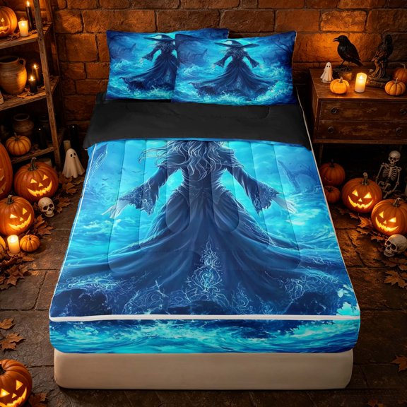 Erosebridal Spooky Blue Witch Zipper Twin Comforter Sets with Fitted Sheet and 2 Pillowcases, Halloween Moon Night Zipper Bedding Set for Boys Girls, Cyan Black, Black Reversible
