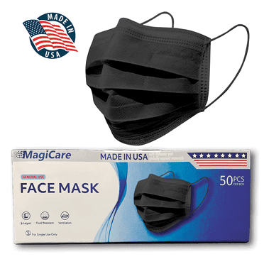 MagiCare Made in USA Black Face Masks 3 Layers of Protection Face Mask for Adults - 50ct Box