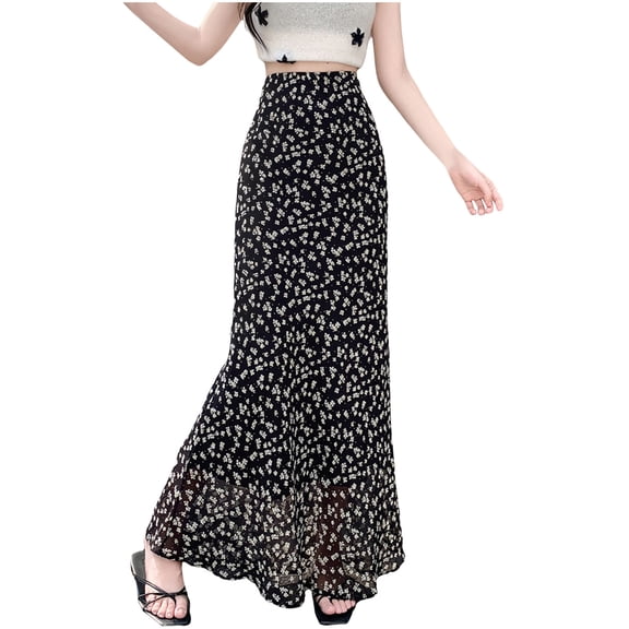 Womens High Waist Bodycon Chiffon Skirts Floral Boho Vintage Casual Maxi Skirt Black, M