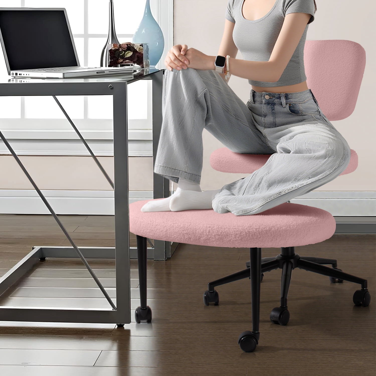 Waleaf Ergonomic Cross Legged Chair, 360° Swivel Height Adjustable Desk Chair with Wheels for ADHD,Teddy Fabric and Lumbar Support