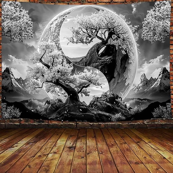 JAWO Tree Life Tapestry Aesthetic, Colorful Pink Flowers Sun and Moon Art Tapestry Wall Hanging for Girls Bedroom, Cool Nature Galaxy Yin Yang Anime Tapestries Poster of Dorm Home Decor 60X50 Inches