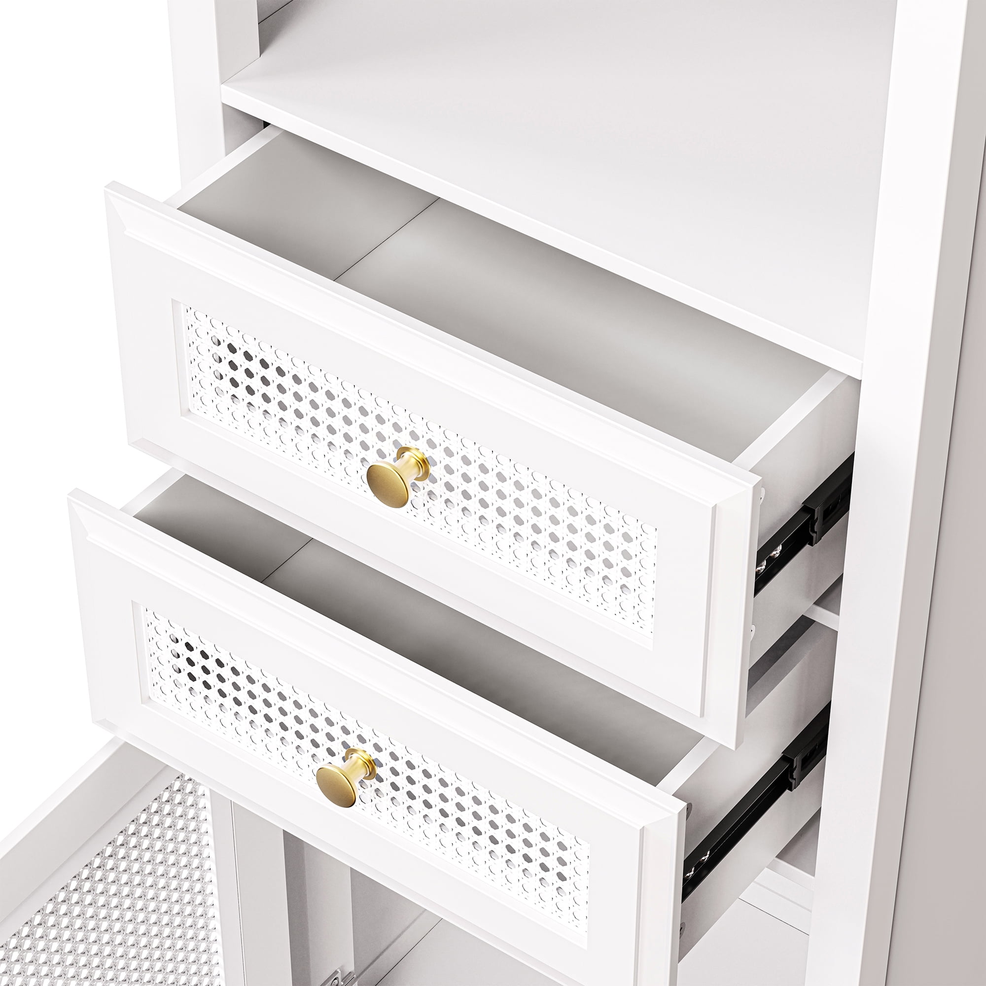 EUROCO 63" Storage Cabinet with Rattan Door,Boho Style Slim Tall Cabinet,Mid Century Modern Tower Cabinet,Country Style Freestanding Organizer with Metal Handles,White