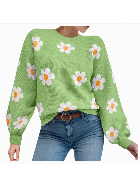 Women's Daisy Sweater Fall Winter Long Sleeve Pullover, Loose Fit Flower Knit Sweater Tops, Cute Floral Knitwear for Daily Wear (Green, XXL)