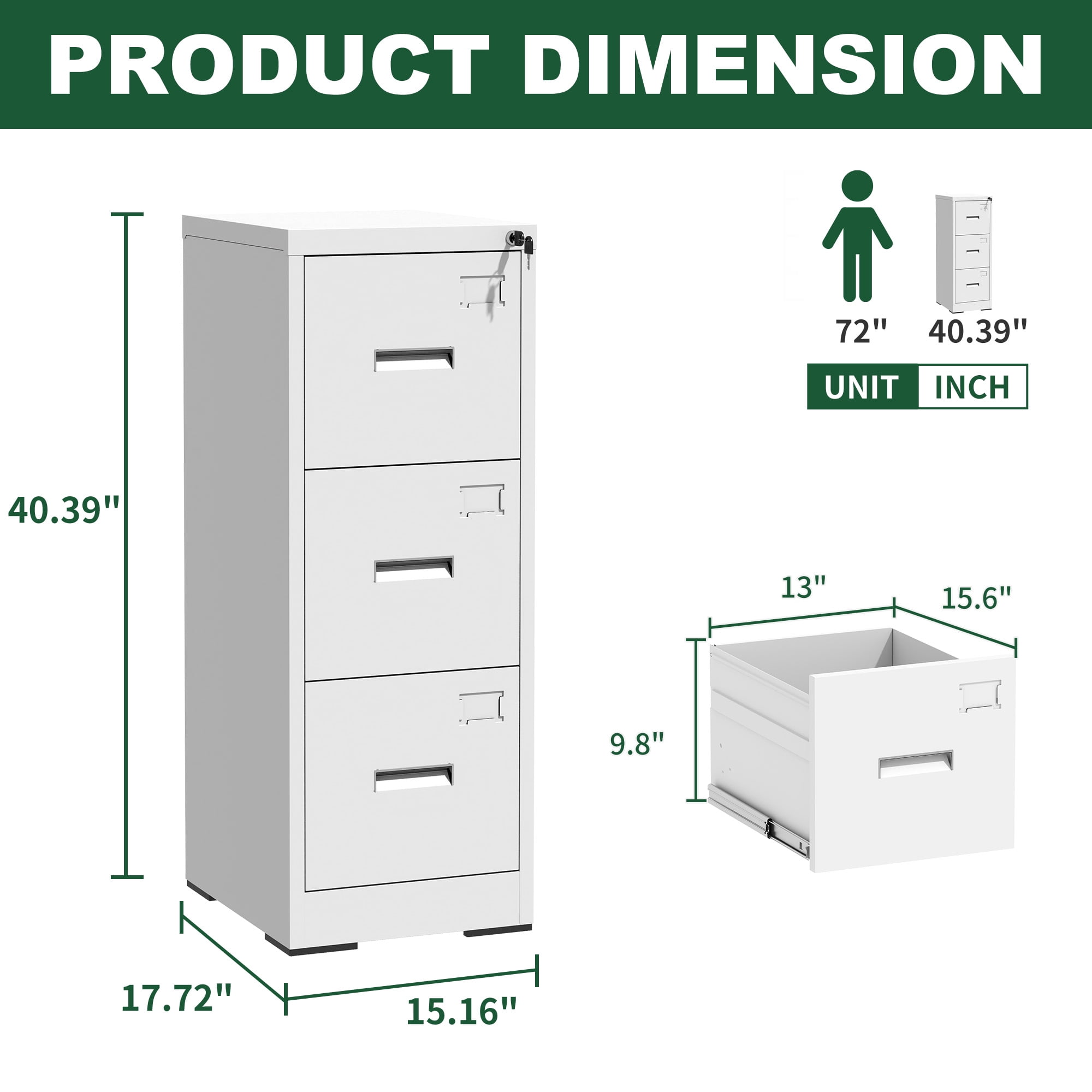File Cabinet, 3 Drawer Filing Cabinet with Lock, Locking Vertical File Cabinet for Home Office, White Metal File Cabinet for Hanging Letter/Legal Folders, Easy Assemble