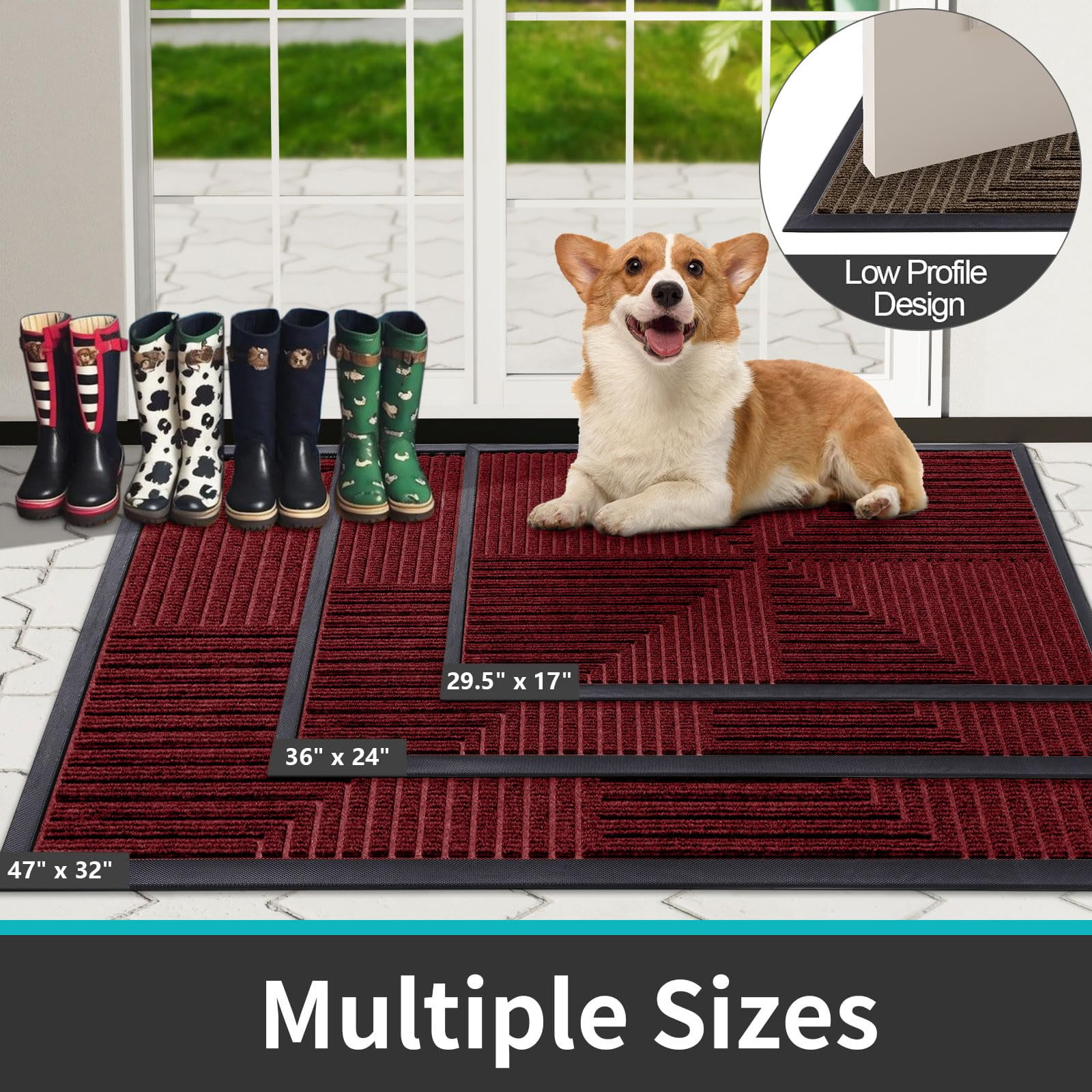 Buganda Heavy Duty Rubber Door Mat for Outside Entry, 17" x 29.5" Non-Slip Waterproof Doormat for Inside, Low Profile Dirt Trapper Doormat, Burgundy