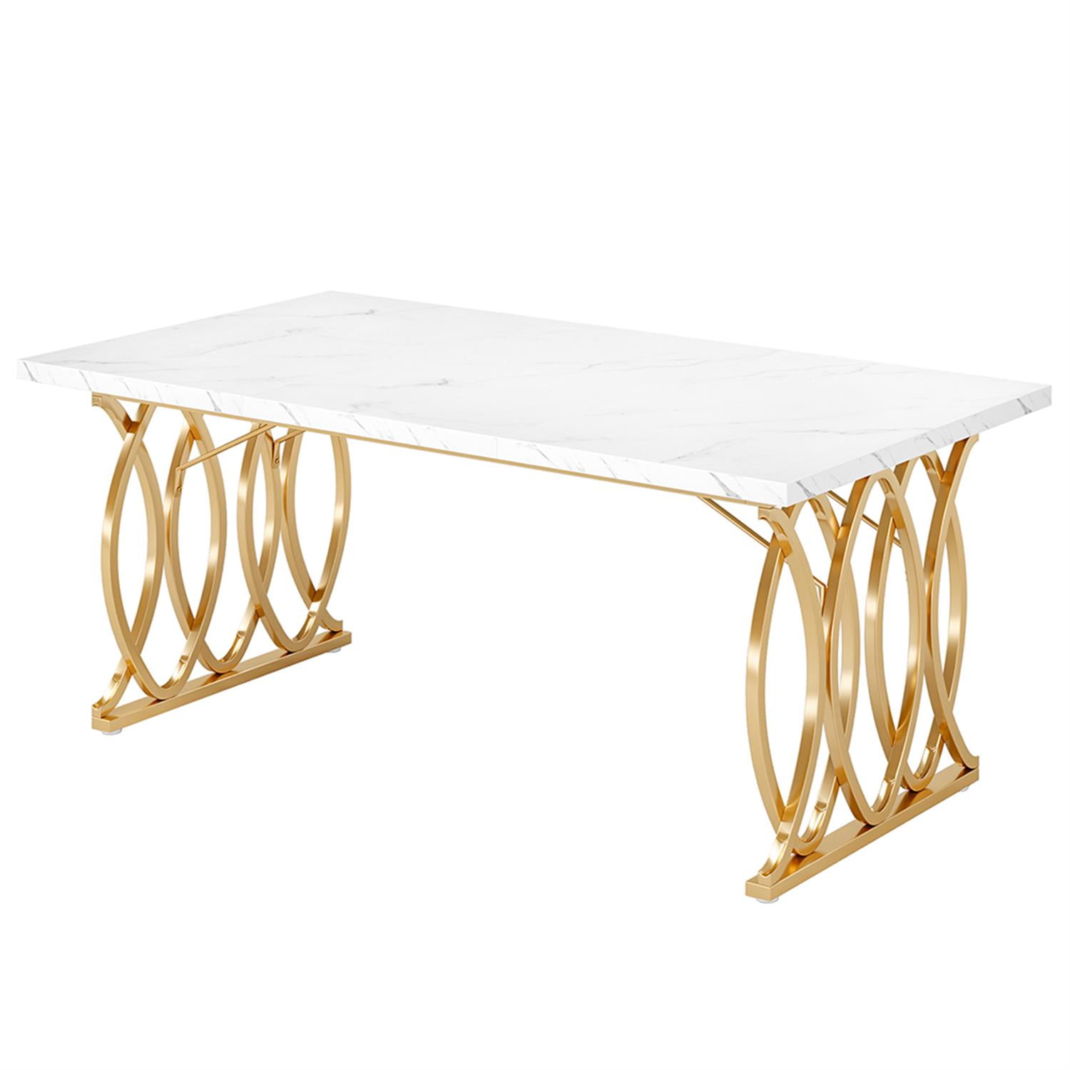 Demi Bonn 63" Modern Dining Table with Faux Marble Tabletop for 4-6 People, Large Rectangular Dinner Table for Dining Room, Home Office, Living Room Furniture, White