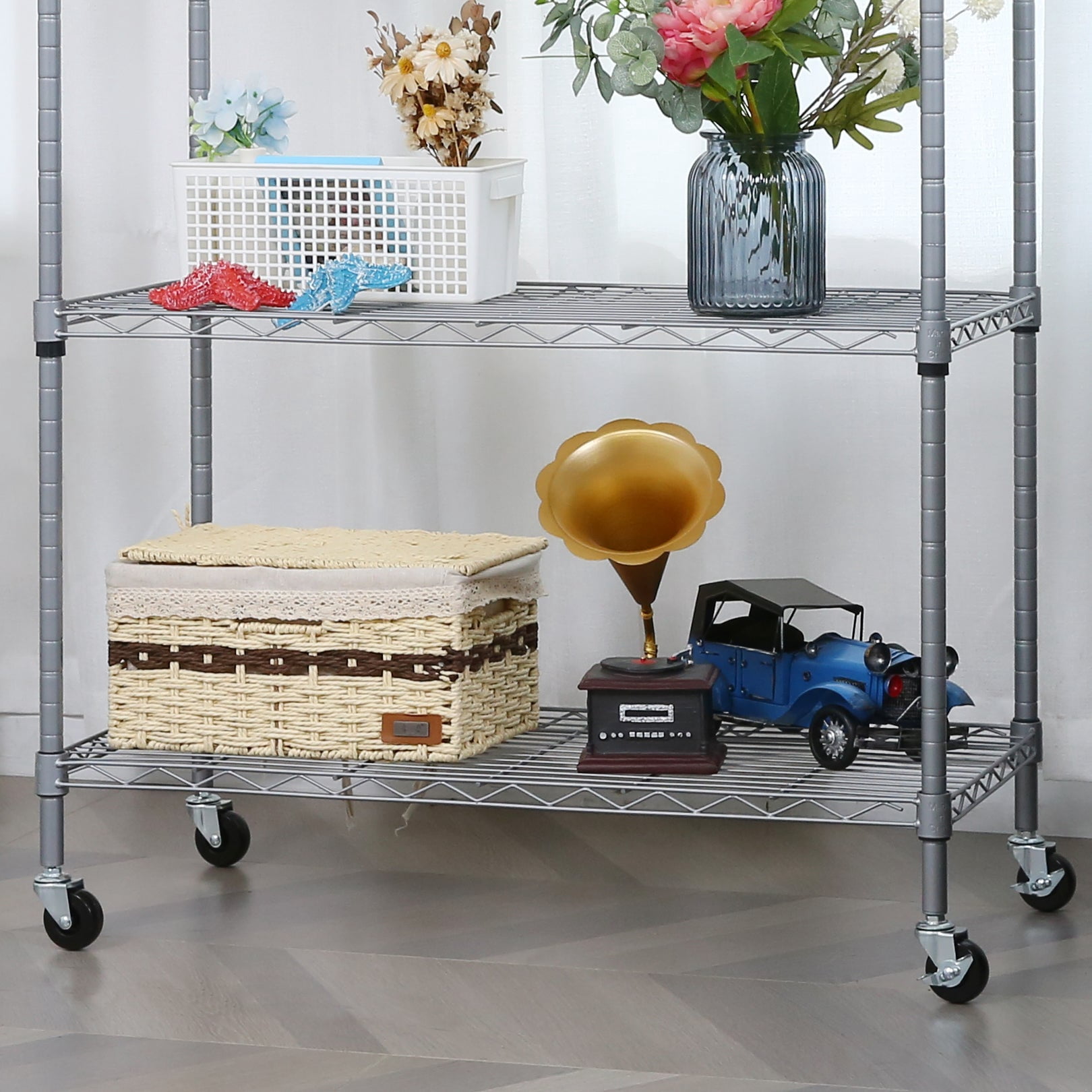 Sailvan 5-Tier Heavy Duty Metal Shelving Unit with Wheels, 900LBS Adjustable Wire Storage Rack for Garage, Pantry & Kitchen,Silver