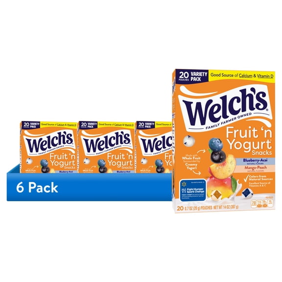 (6 pack) Welch's Fruit 'N Yogurt Blueberry-Acai. & Mango-Peach Soft Fruit Snacks, .7 oz, 20 Count