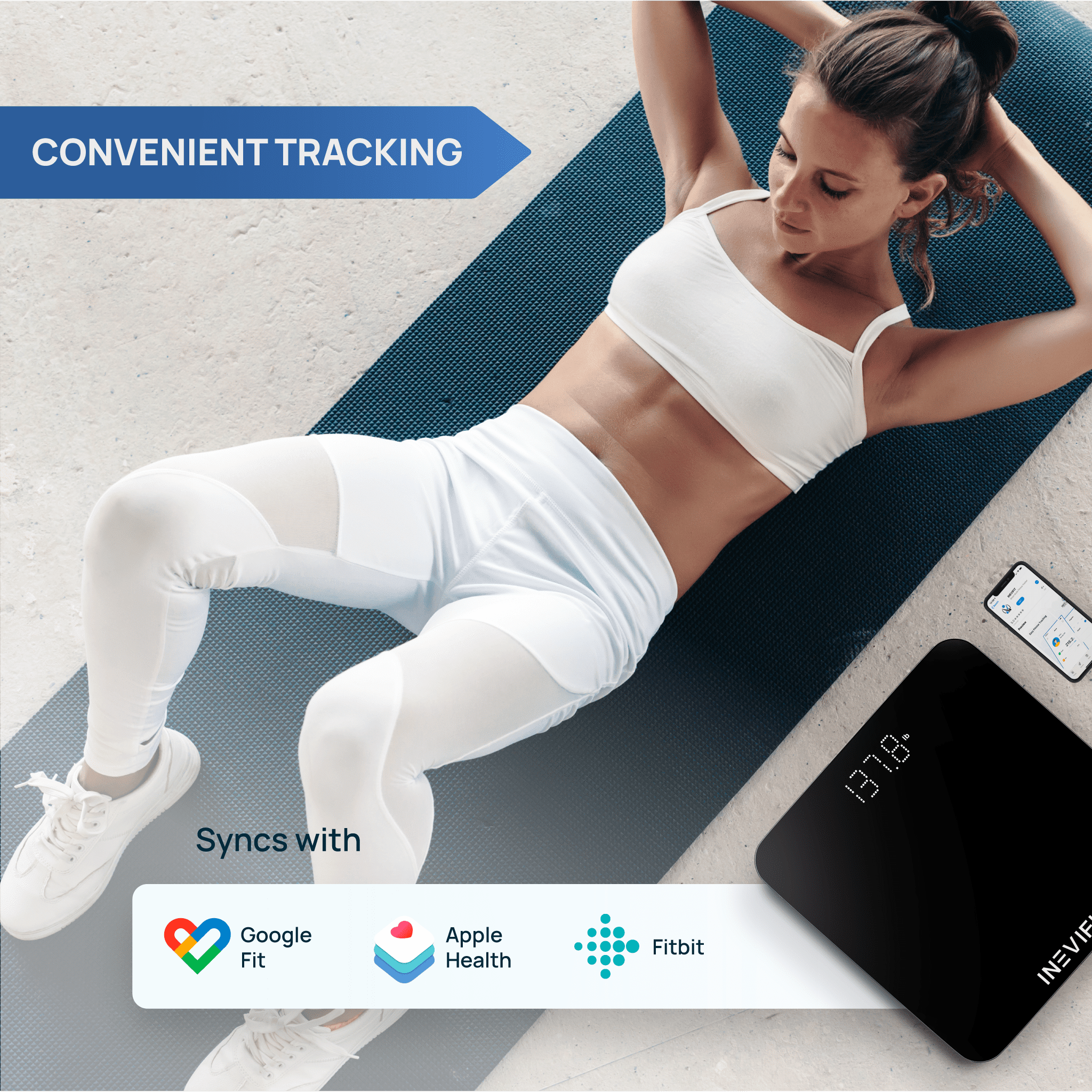 INEVIFIT Smart Premium Bathroom Scale with Bluetooth and Free Tracking INEVIFIT APP 11.8 x 11.8 inch - Black
