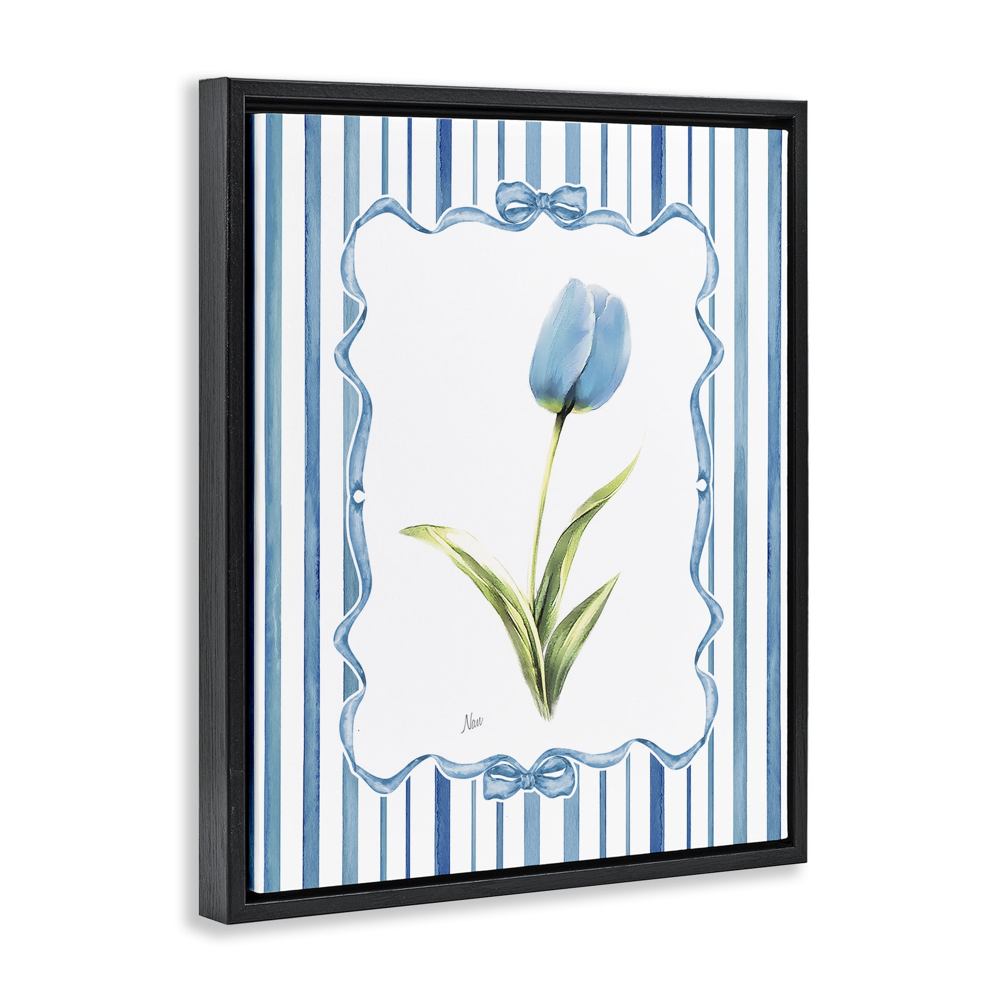 Stupell Industries Blue Tulip & Ribbon Border Black Framed Floater Canvas Wall Art, design by Nan