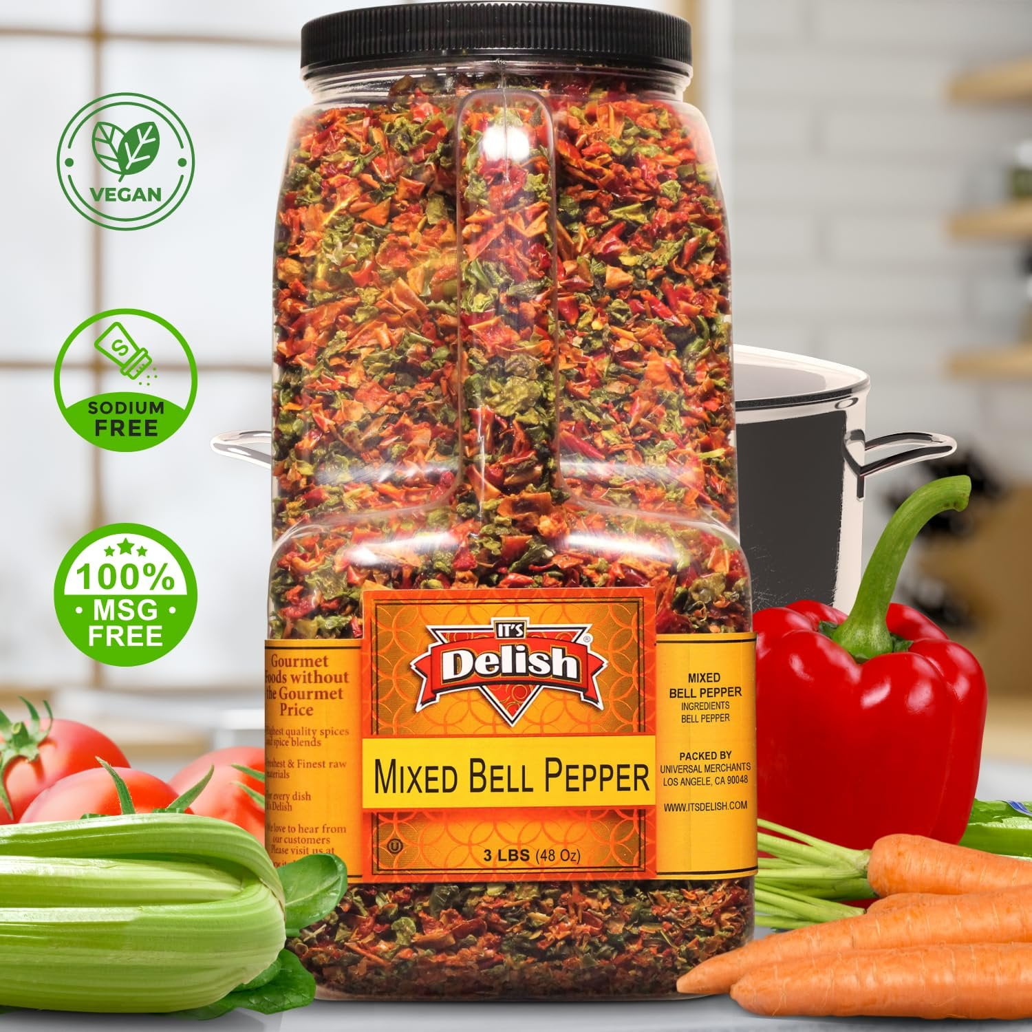Dehydrated Dried Red and Green Bell Peppers Mix by It's Delish - 48 Oz 3 lbs Restaurant Gallon Size Jug With handle - Sealed to Maintain Freshness - Chopped & Dried Vegetable Spice Seasoning
