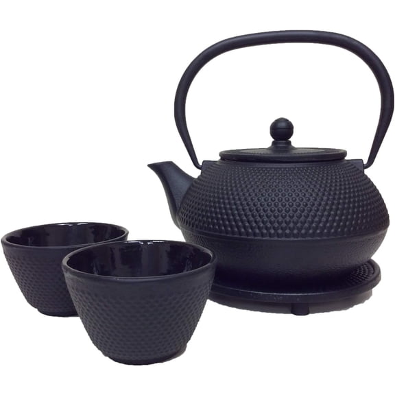 CUISILAND 27oz Hobnail Cast Iron Teapot Set with 2 Cups - Black