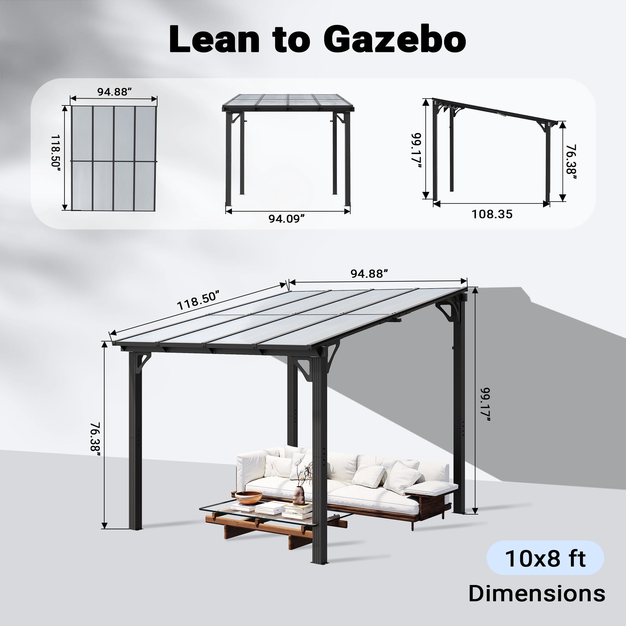 NETAJE 10'x8' Wall Mounted Pergola, Permanent Hardtop Aluminum Gazebo with Polycarbonate Roof for Patio Backyard Deck