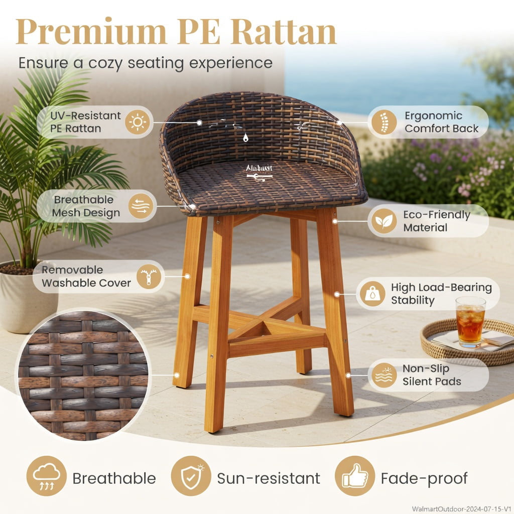 Hommoo 2-Piece Outdoor Bar Chairs Set, PE Rattan & Solid Acacia Wood, Ergonomic Backrest, Footrest, All-Weather Patio Seating, Natural