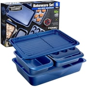 Granitestone Baking Pans 6 Piece Cookie Sheet Bakeware Set Nonstick Dish Tray Oven Pan Casserole Dish Jelly Roll Pan, Blue