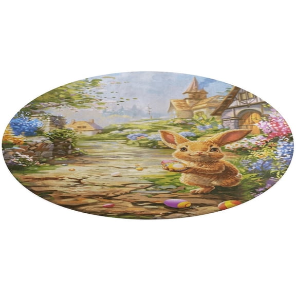 Easter Bunnies Rabbits Round Small Area Rug, Print Non Slip Washable Floor Mat, Soft Throw Rug for Living Room, Powder Room Entryway, Bathroom, Bedside