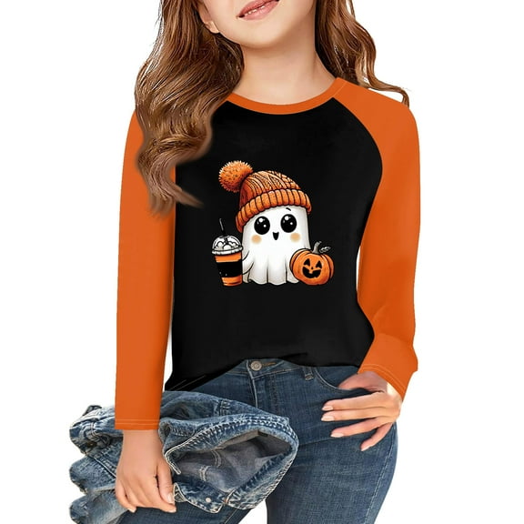 Drmagiyhm Girl's T-Shirts Size 10-12 Cute Halloween Crewneck Shirts Floral Print T Shirt Casual Holidays Loose Girl Long Sleeve Tops 4-5 Years Dark Gray