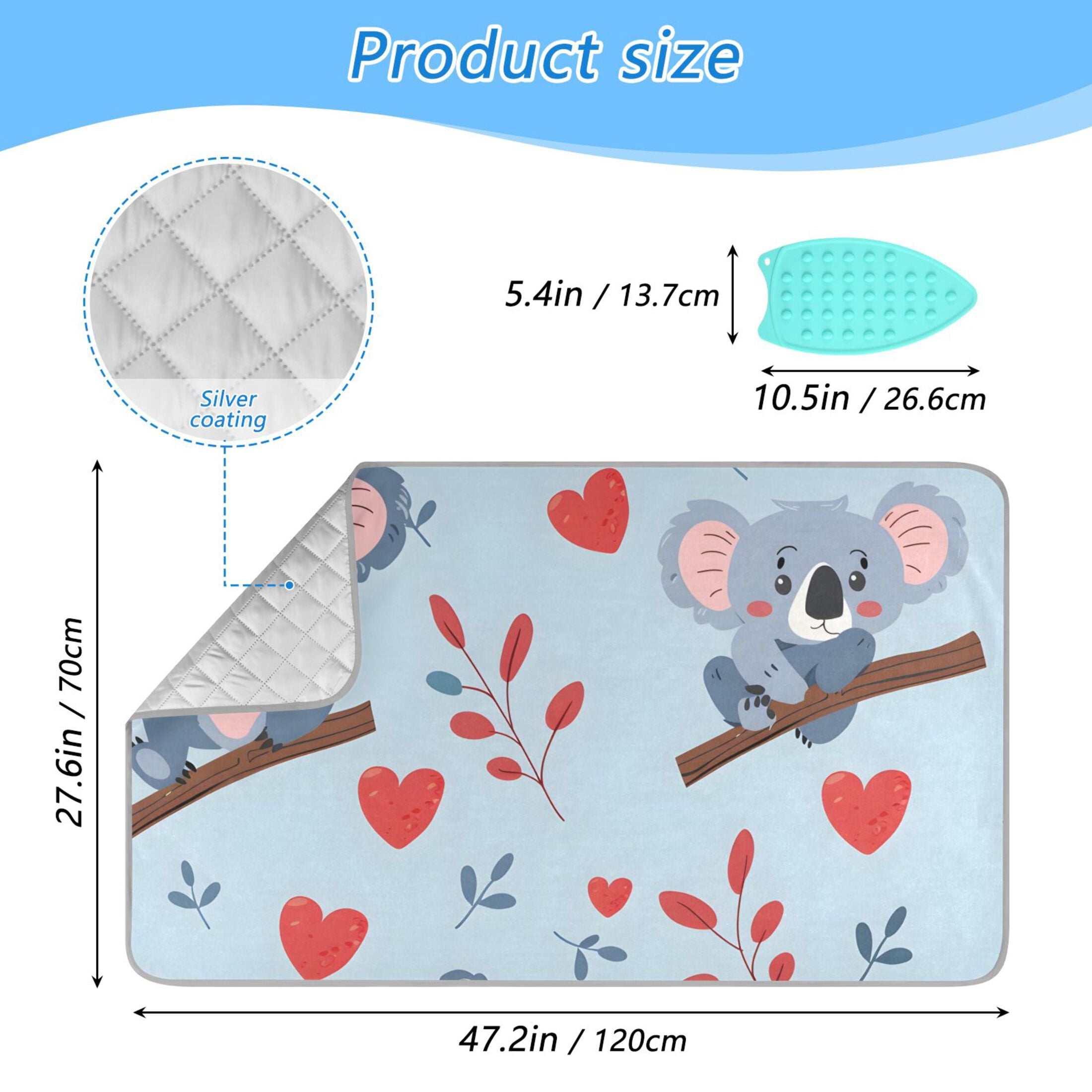 Cartoon Koala on Branch Heart Leaves Ironing Mat Blanket Portable Travel Ironing Pad Heat Resistant Pad 47.2" x 27.6”