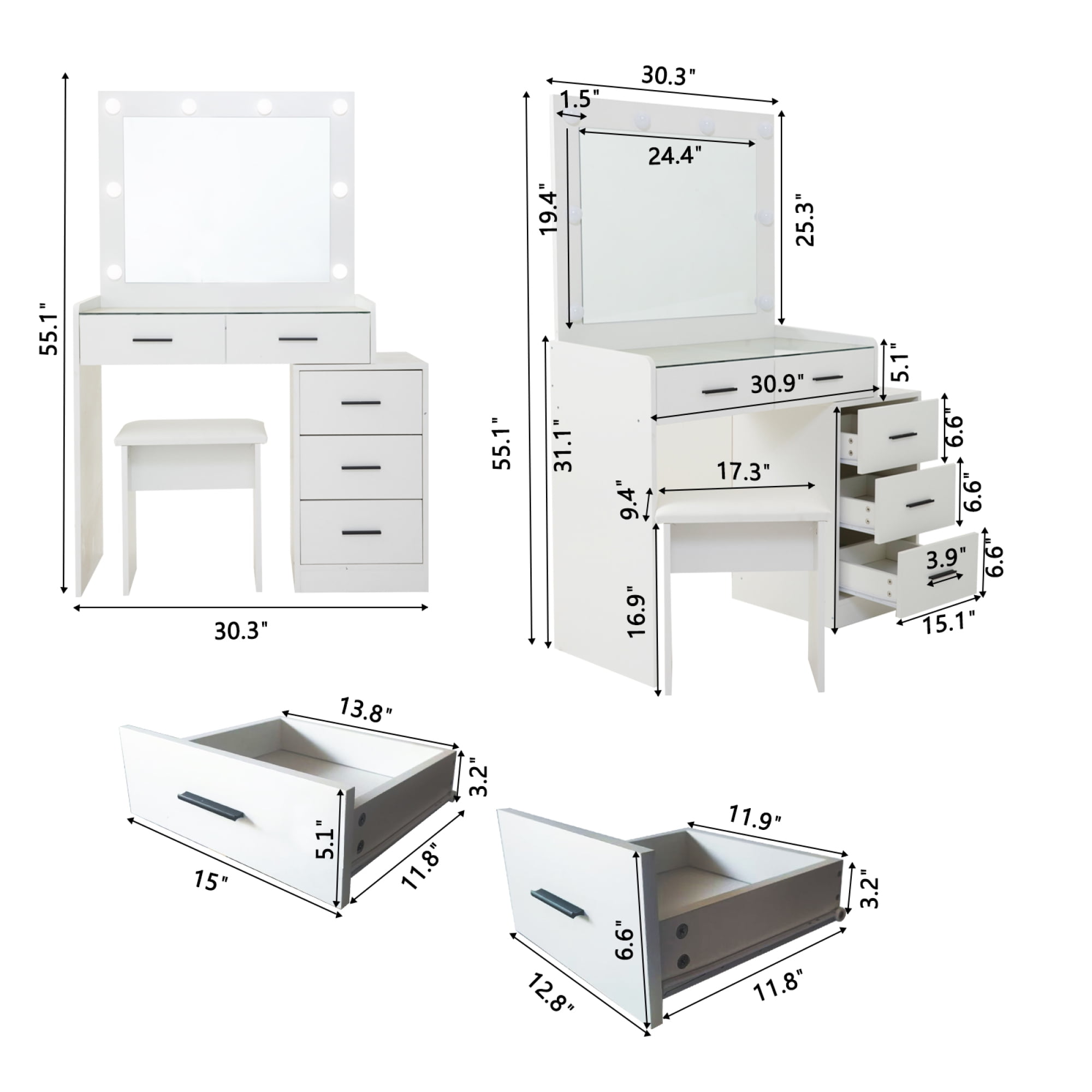 White Vanity Table Adjustable Dressing Table with 4 Drawers