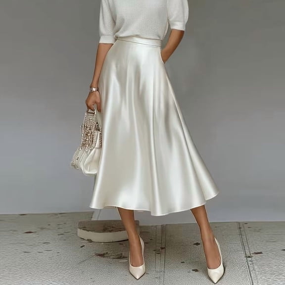 Jsaierl Women’s Satin A-Line Midi Skirt High Waist Flowy Elegant Skirt for Office and Special Occasions