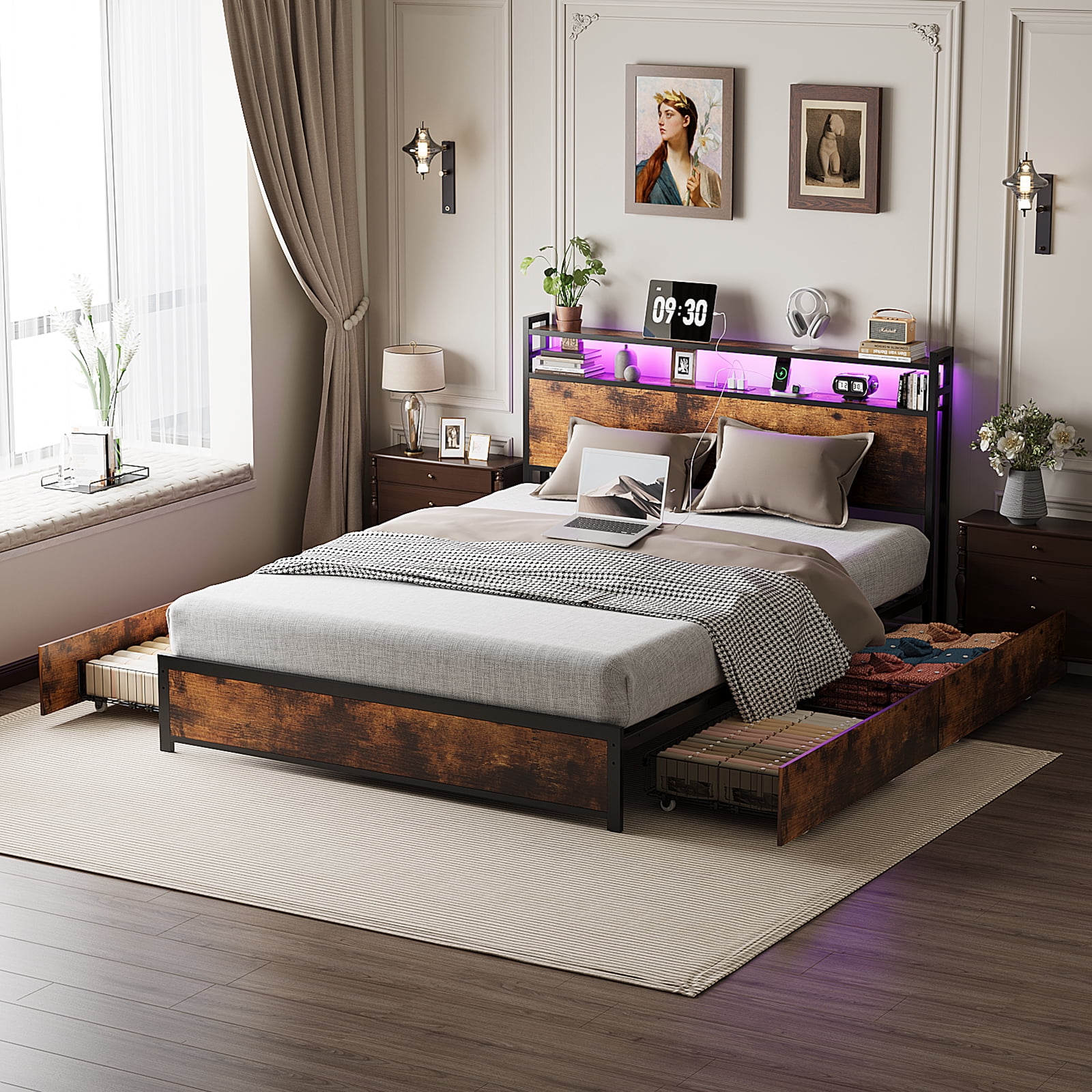 Zimtown Full Bed Frame with 2-Tier Storage Headboard, Metal Platform Bed Frame with 4 Storage Drawers, Built in Charging Station & LED, Vintage Brown