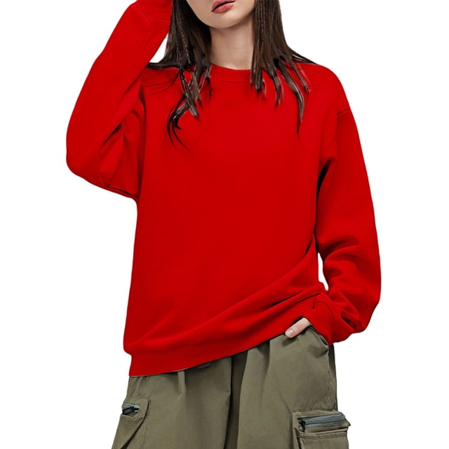 WTXUE Chandail Col Rond Chandail en Molleton Tunique Chandail en Molleton Surdimensionné Chandails en Molleton à Capuche Col Rond Pulls Décontractés Hauts Confortables Automne 2025 Pulls Décontractés Chandails en Molleton d'Hiver Mode Chandail en Molleton Rouge 4TG