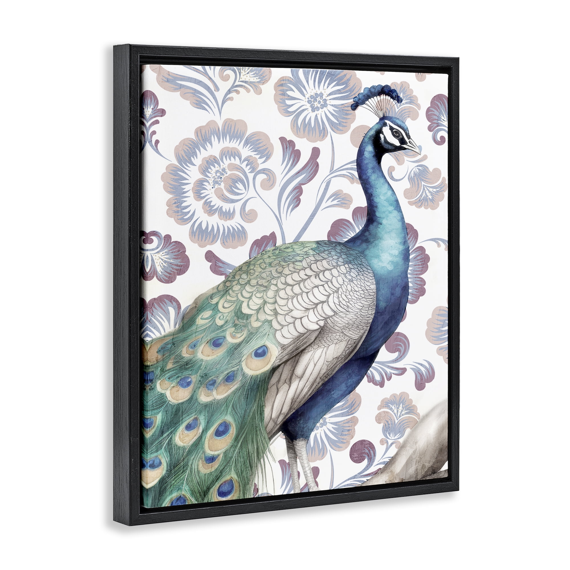 Stupell Industries Peacock on Vintage Florals Animals Painting Black Floater Framed Canvas Art Print Wall Art, 17 x 21