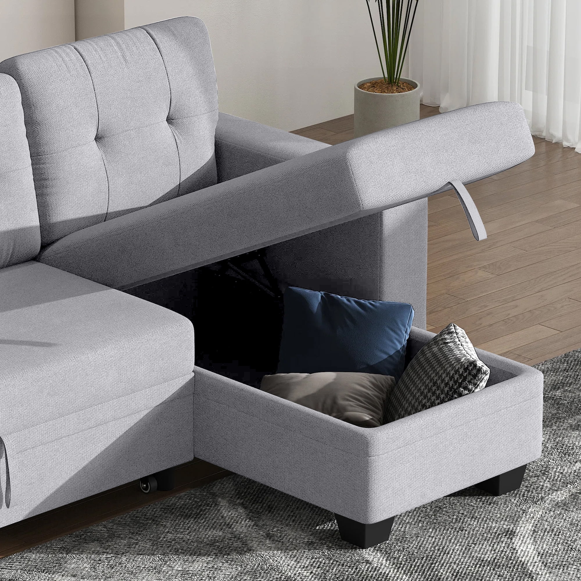 DEALTOPS Linen Reversible Sleeper Sectional Sofa Bed with Storage Chaise,Gray