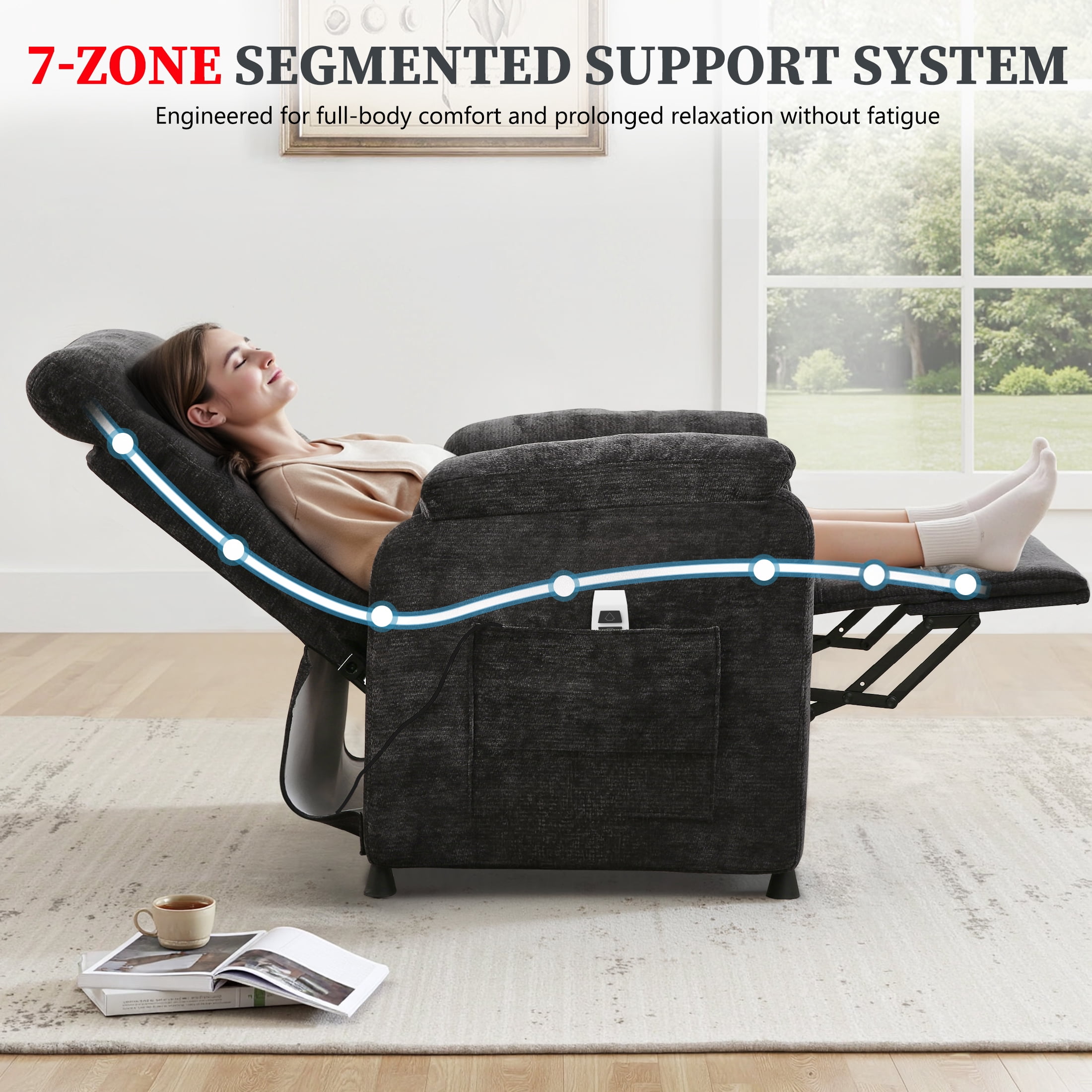 Electric Power Recliner Chair, Modern Chenille Fabric Recliner with Side Pocket & Remote, Nursery Recliner Chair for Living Room Small Space, Black
