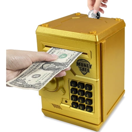 Mini ATM Piggy Bank ATM Machine Best Gift for Kids,Electronic Code Piggy Bank Money Counter Safe Box Coin Bank for Boys Girls Password Lock Case (Gold)