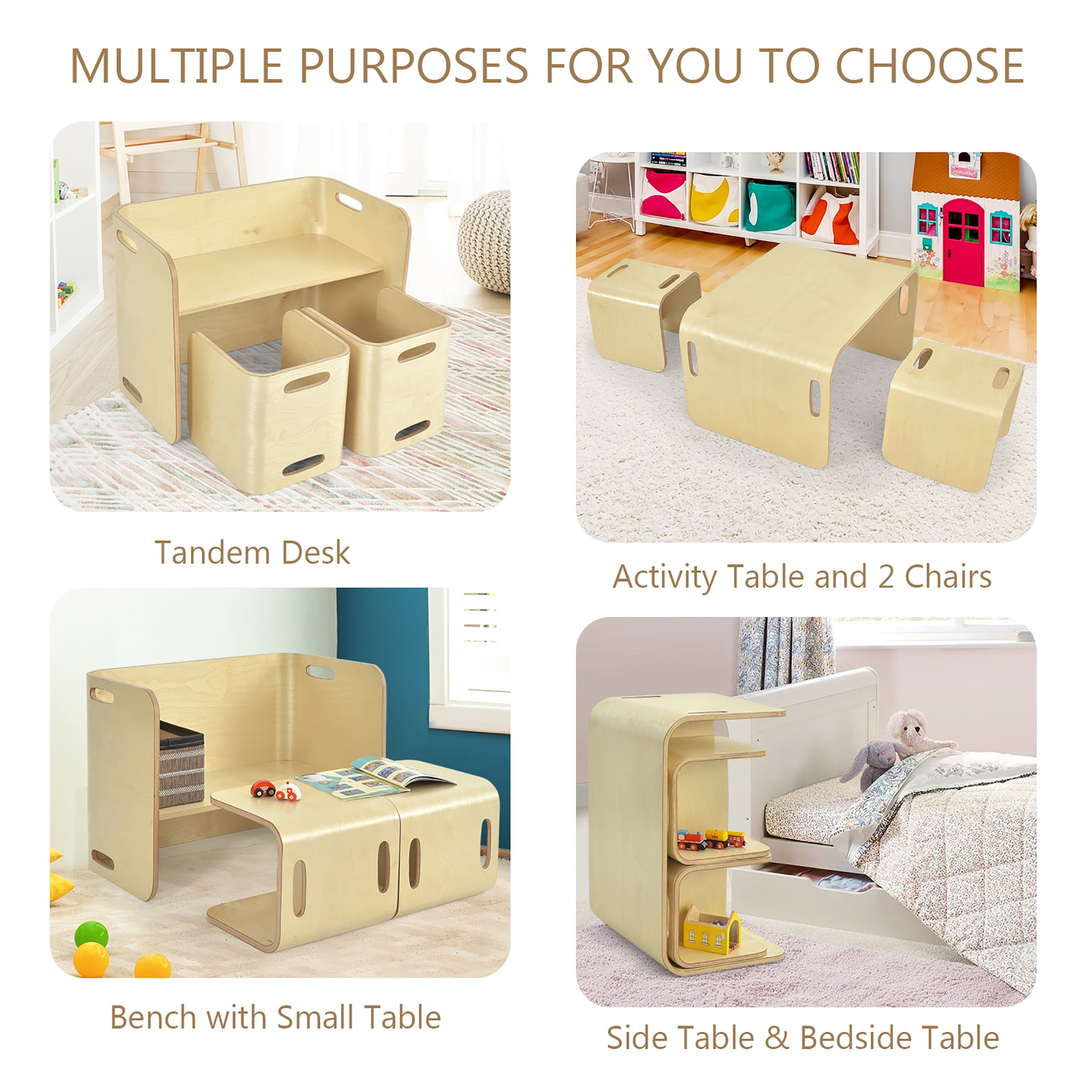 Costway 3 Piece Kids Wooden Table & Chair Set Children Multipurpose Homeschool Furniture