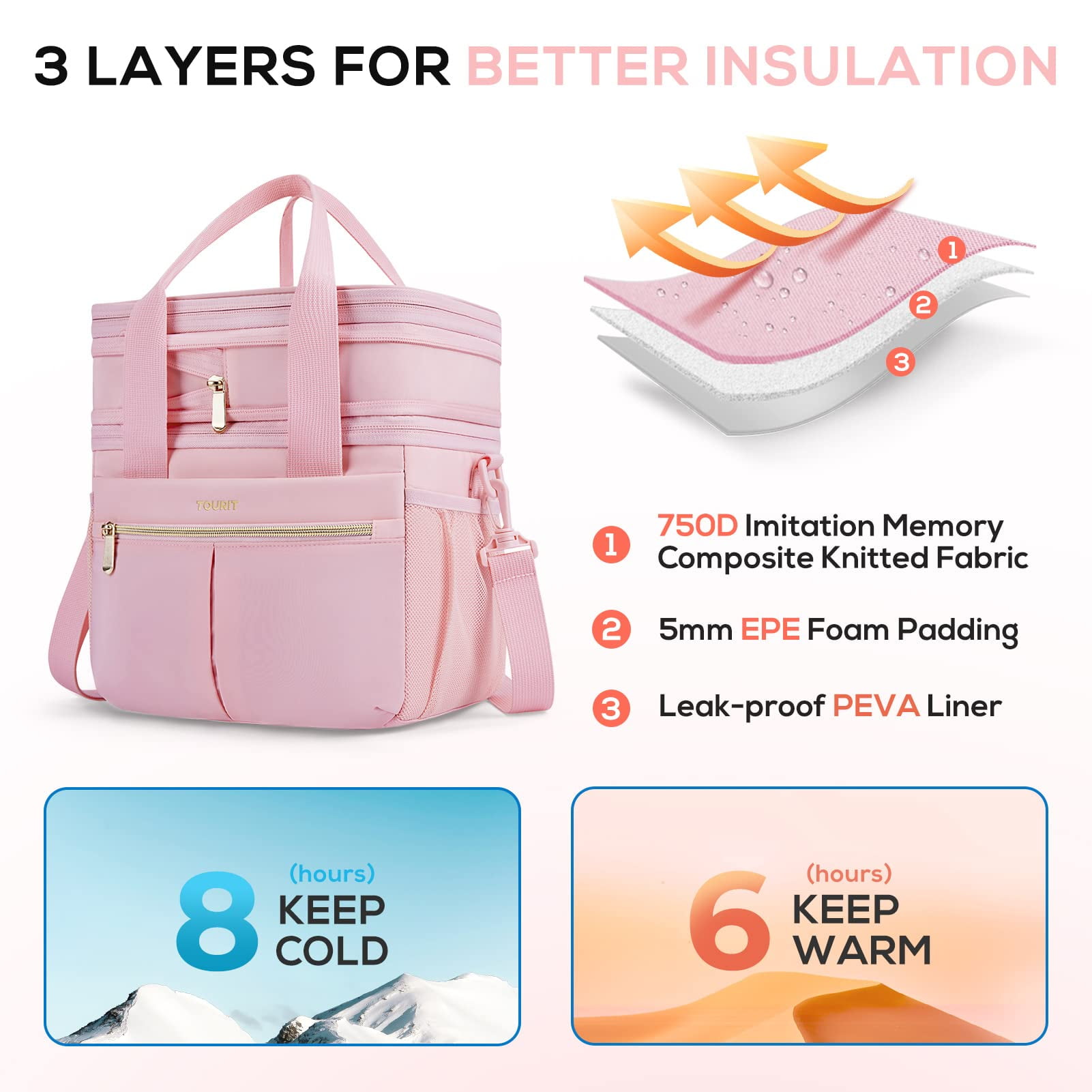 TOURIT 23 Cans Insulated Lunch Bag Expandable Reusable Lunch Box, Tote Cooler Bag with Double Deck & Leakproof Thermal for Women Men, Work School Picnic Beach, Pink