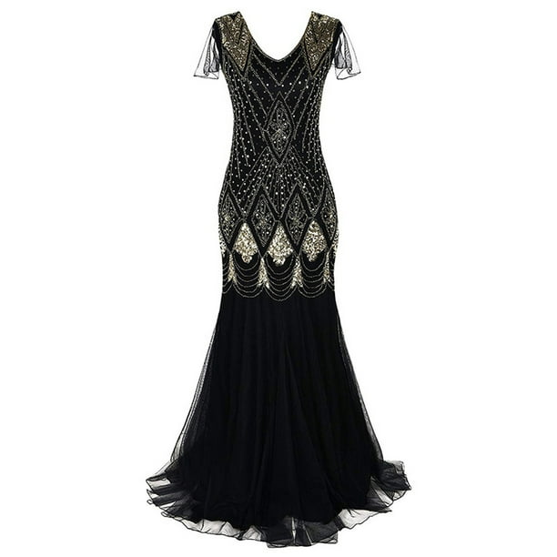 Vestido largo estilo flapper con flecos y lentejuelas vintage de los años 20 para mujer, vestido largo formal de noche para boda, vestidos de cóctel para fiesta, negro y dorado