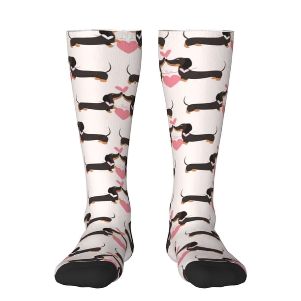Fotbe Dachshund And Hearts Calcetas Divertidas Estampadas para Hombre y Mujer, Calcetas de Algodón hasta la Rodilla para Caminar, Correr, Enfermería y Embarazo
