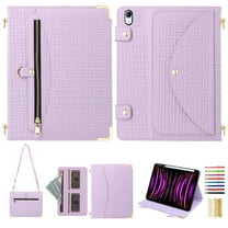 for iPad Air 11" 2024 Crossbody Case, for iPad Pro 11" 2022/2021/2020/2018, PU Leather Flip Cover with Card Holder Zipper Pocket Stand Lanyard Pen Slot for iPad Air 5th/4th Gen 10.9" 2022, Purple