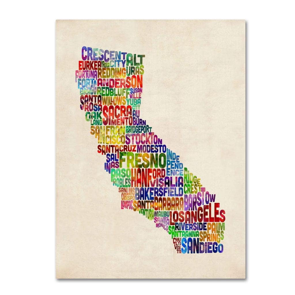 Trademark Art 'California Text Map' Canvas Art by Michael Tompsett