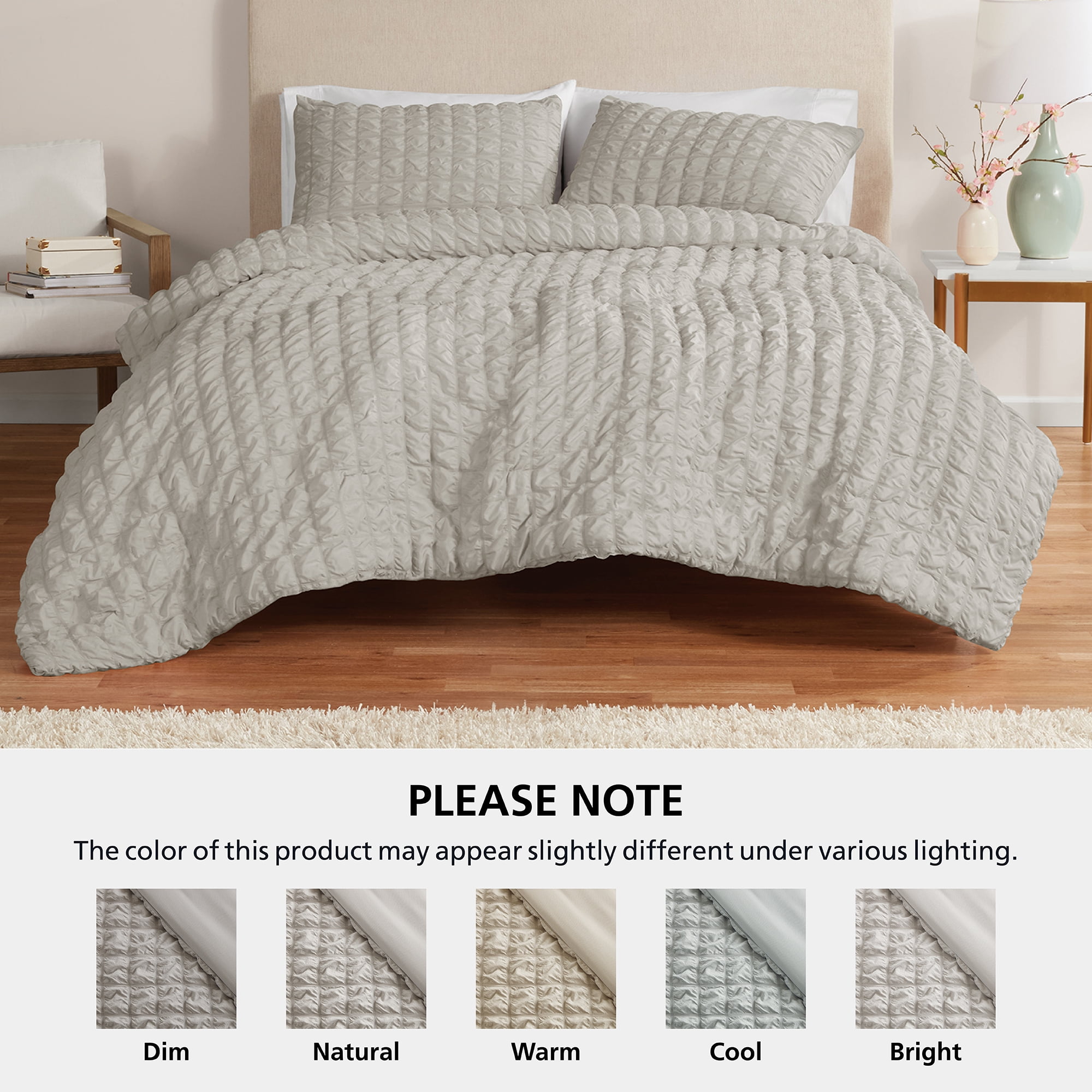 Mainstays King Comforter Set, All-Season, 3-Piece, Grey Puffy Seersucker