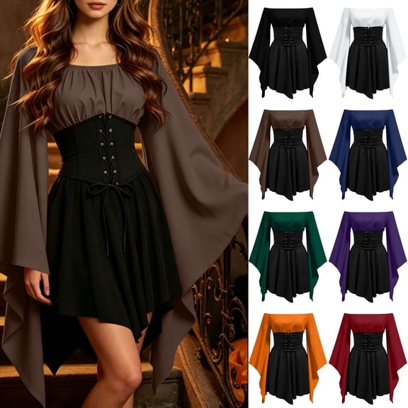 KICILVS Witch Costume Women Off Shoulder Trumpet Sleeve Lace up Corset Waist Asymmetrical Hem Dress Medieval Cosplay Outfit