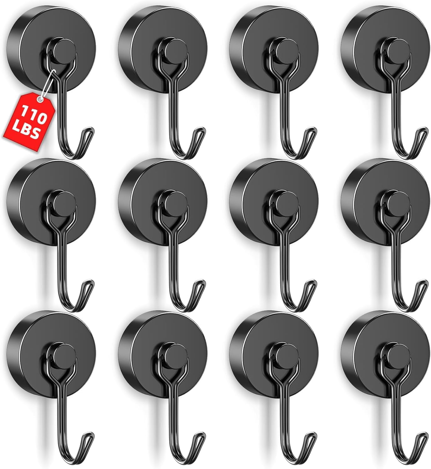 RGHJAR-12 Pack 110LBS Black Magnetic Hooks Heavy Duty, Strong Swivel Magnetic Hooks for Hanging, Neodymium Magnet Hooks for Fridge Classroom Garage